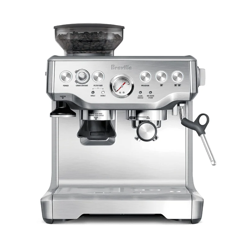 Breville Barista Express Espresso Machine: grind, tamp and steam at home. built-in burr grinder and a steam wand.