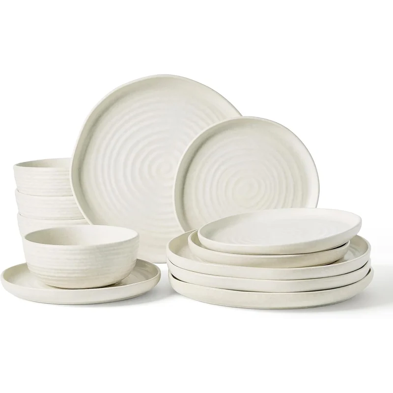Famiware Pluto Stoneware Dinnerware Set (12 pc, Matte Beige White), product photo