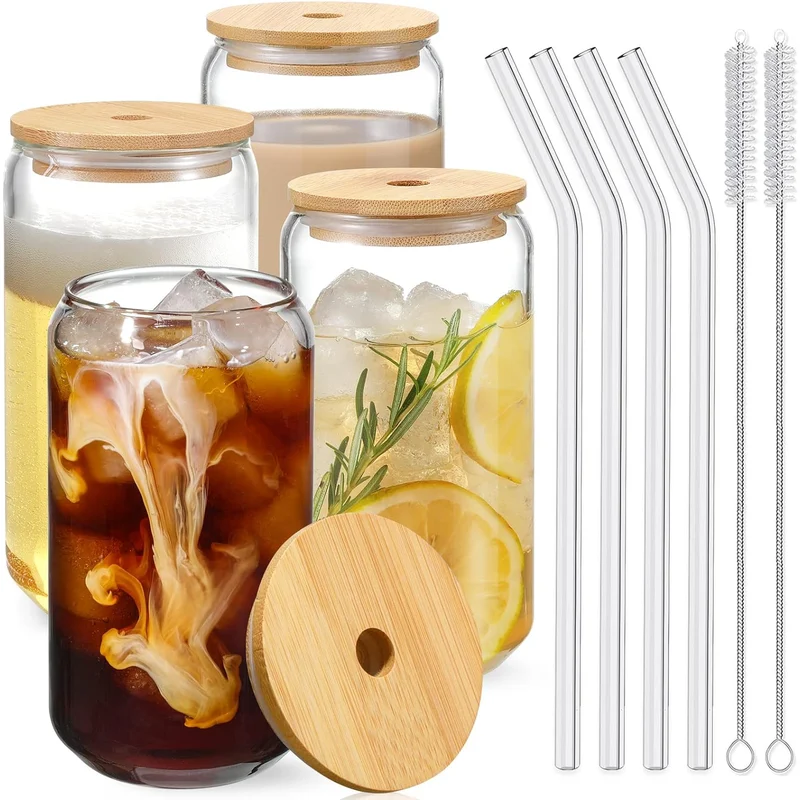 Glass Can Cups with Bamboo Lids & Glass Straws: the iced coffee cups from your feed, with bamboo lids and glass straws.