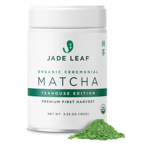 Jade Leaf Ceremonial Grade Matcha: ceremonial grade, first harvest matcha in a big 100g tin. hot or iced.