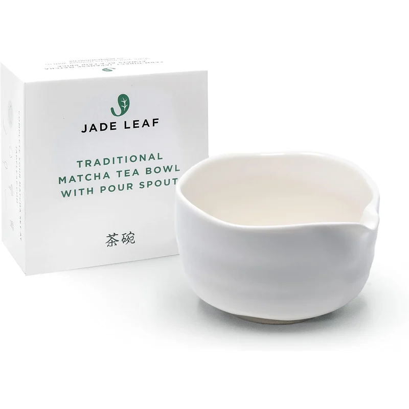Jade Leaf Handmade Porcelain Matcha Bowl with Pour Spout: a handmade matte white matcha bowl with a pour spout.