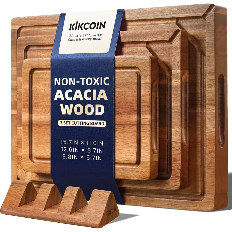 Kikcoin Acacia Wood Cutting Board Set: three acacia boards that double as serving trays.