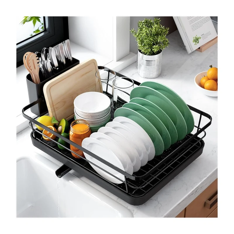 Kitsure Compact Dish Drying Rack: a compact black dish rack with a drainboard for small kitchens.
