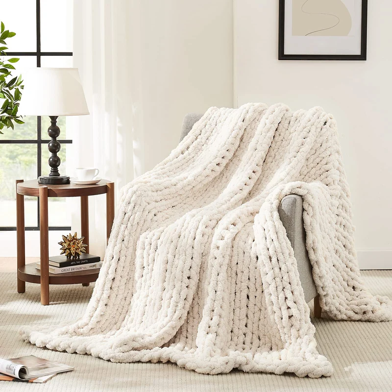 L'AGRATY Chunky Knit Throw: a handmade chunky knit throw in soft ivory chenille. couch season.
