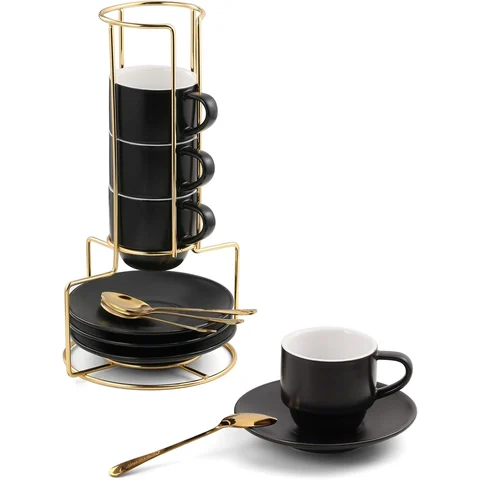 Lareina 3 oz Espresso Cups Set of 4 with Stand: 4 black espresso cups with saucers and spoons, stacked on a metal stand.