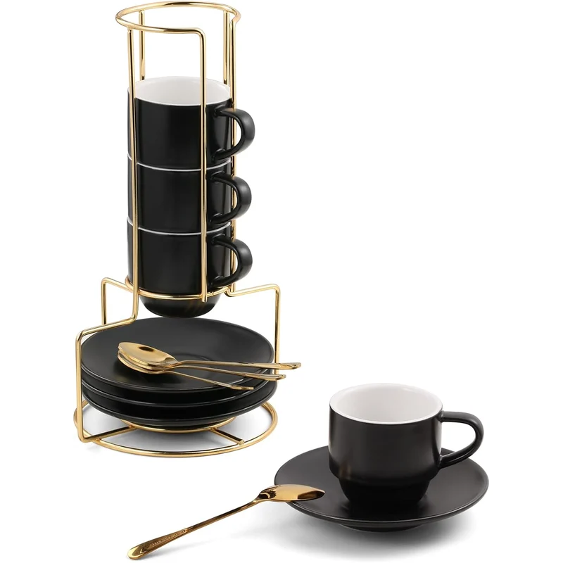 Lareina 3 oz Espresso Cups Set of 4 with Stand: 4 black espresso cups with saucers and spoons, stacked on a metal stand.