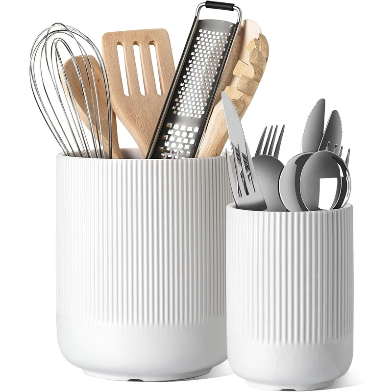 LE TAUCI Ceramic Utensil Holder: a clean white ceramic crock for spoons and spatulas.