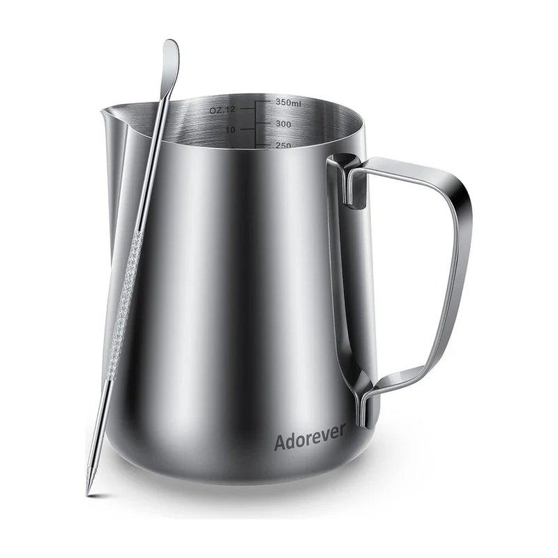 Stainless Steel Milk Frothing Pitcher (12 oz) with Latte Art Pen: a pointed spout and a latte art pen for practicing hearts.