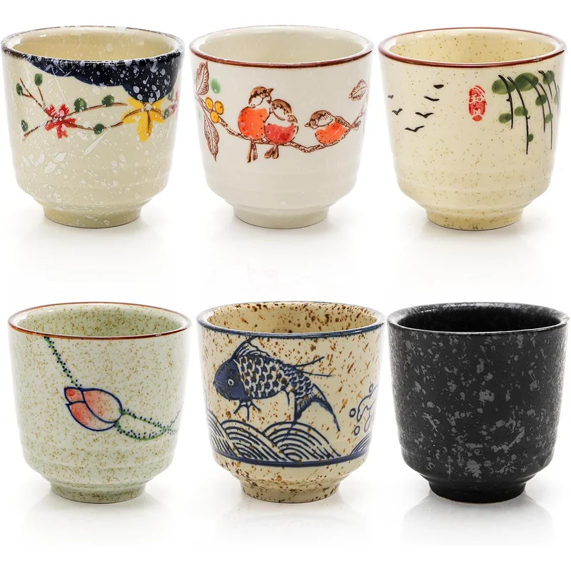 Nagpew Japanese Tea Cups: 6 little handleless ceramic cups, each with its own painted design.