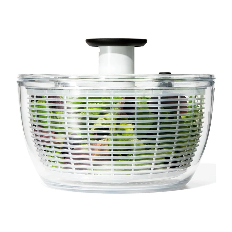 OXO Good Grips Salad Spinner: one-handed pump, brake button, and a basket that doubles as a strainer.