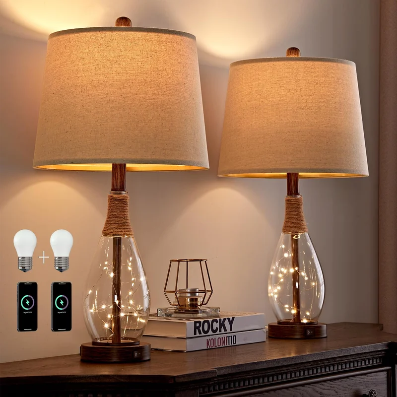 PoKat Ceramic Table Lamps: a pair of textured ceramic lamps with soft shades for the nightstands.