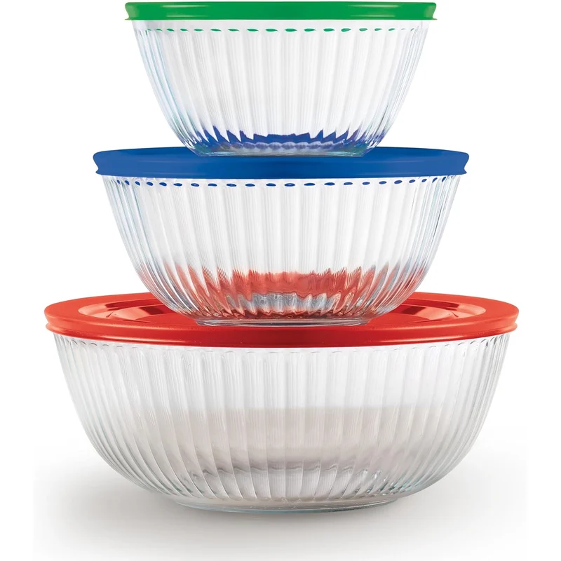 Pyrex Sculpted Glass Mixing Bowls with Lids: 3 ridged glass mixing bowls with lids. holiday baking, then straight to the fridge.