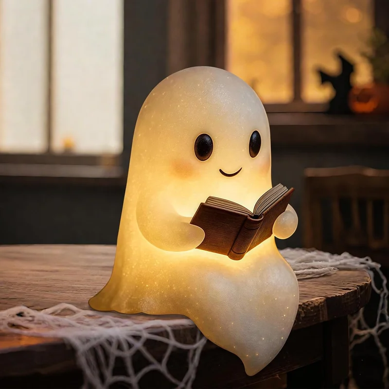 QETRABONE Halloween Ghost Reading Book Lamp: a tiny ghost reading by lamplight. cozy, a little creepy.
