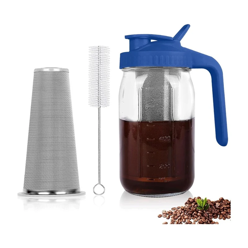 64 oz Mason Jar Cold Brew Coffee Maker with Stainless Filter: a 64 oz mason jar with a stainless filter. fridge cold brew made easy.