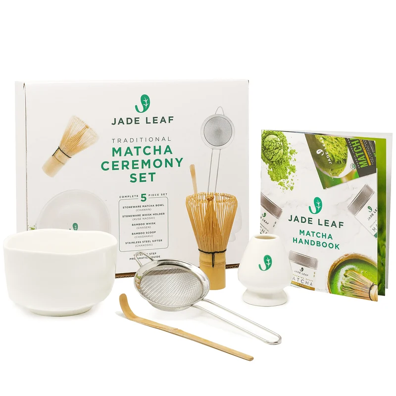 TANG PIN Matcha Bowl and Whisk Set: a speckled green matcha bowl with a pour spout, whisk, scoop and holder.