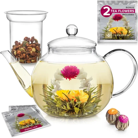 Teabloom Celebration Glass Teapot with 2 Blooming Teas: a glass teapot with an infuser and 2 blooming teas. pour, then watch it open.