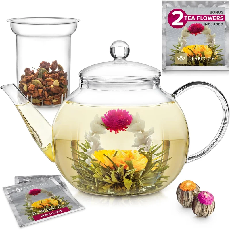 Teabloom Celebration Glass Teapot with 2 Blooming Teas: a glass teapot with an infuser and 2 blooming teas. pour, then watch it open.