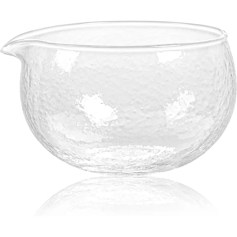 ZENRC Textured Glass Matcha Bowl with Pouring Spout: textured glass with a little pour spout. whisk, then pour over ice.
