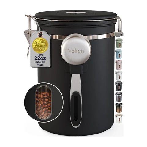 Veken Airtight Coffee Canister with Window: an airtight stainless canister with a window and a date tracker.