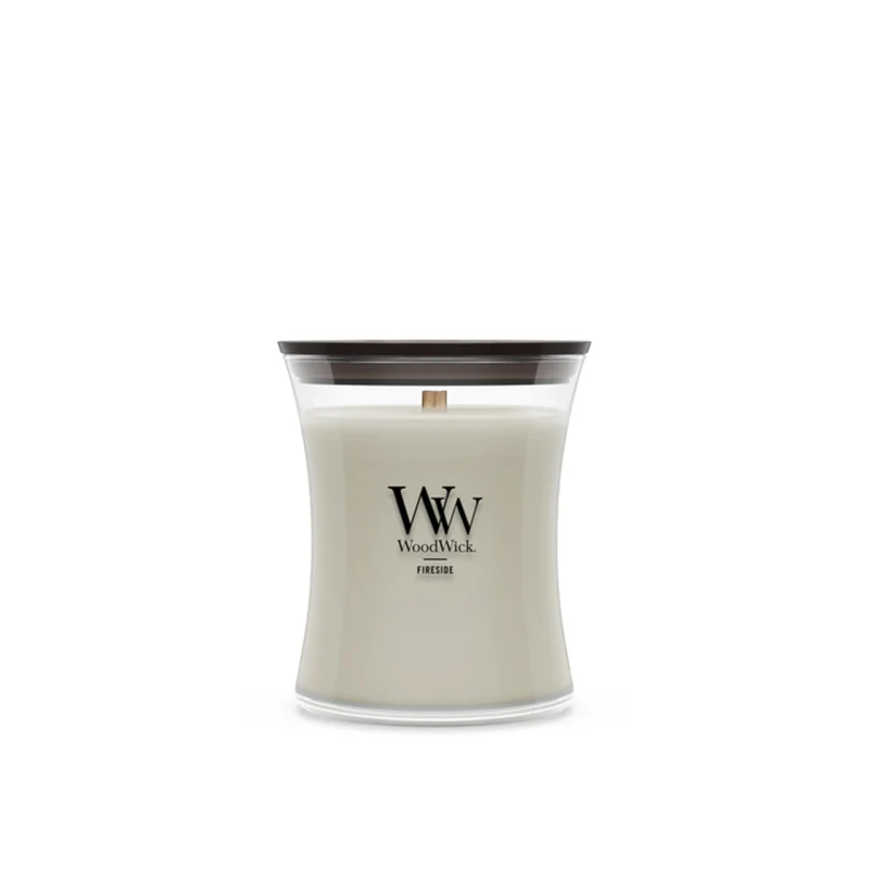 WoodWick Fireside Candle: crackling wooden wick with notes of amber, vetiver and musk.