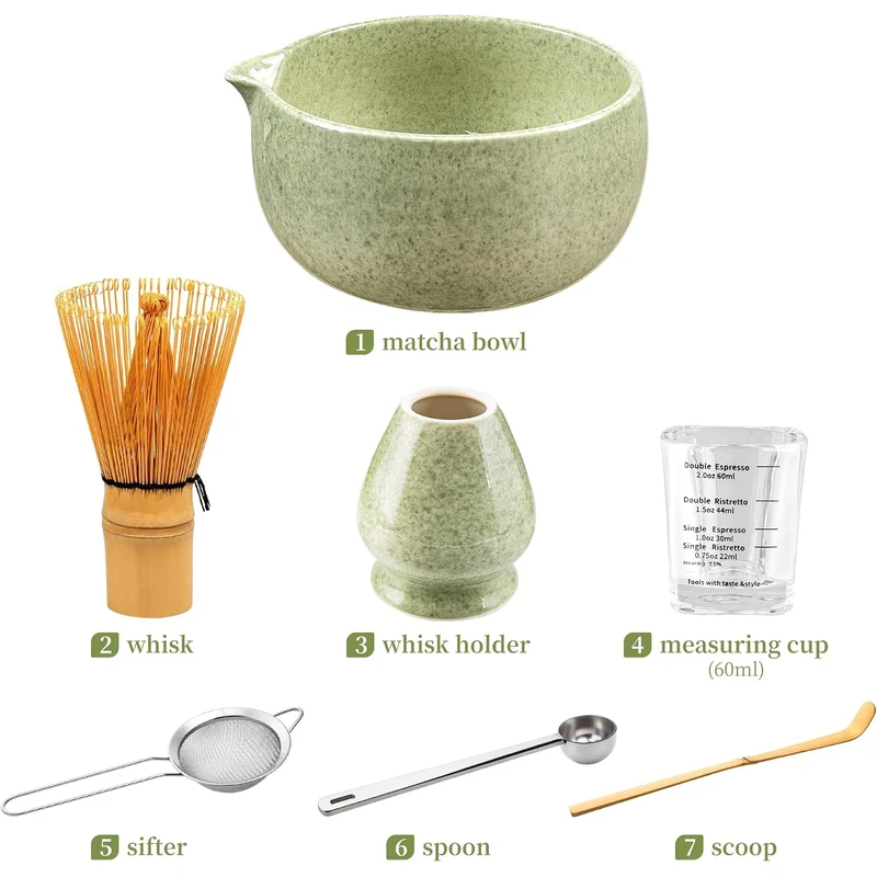 YIBO Ceramic Matcha Whisk Set with Bowl (Mottled Green), product photo