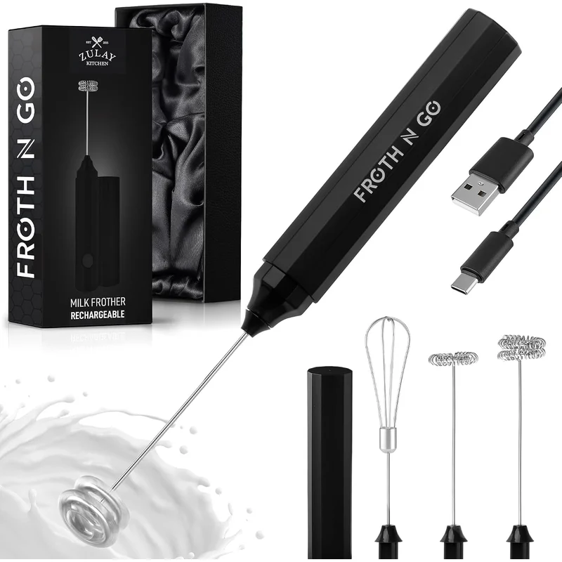 Zulay Froth N Go Rechargeable Milk Frother: café foam at home. rechargeable on usb-c, with a travel case.